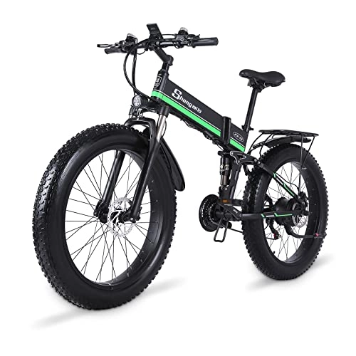 Bicicleta de montaña eléctrica plegables : Bicicleta eléctrica Shengmilo MX01 para Adultos, par 95N∙M, neumático Grueso 26 * 4.0, Shimano de 7 velocidades, Bicicletas eléctricas de montaña para Hombres (Verde)