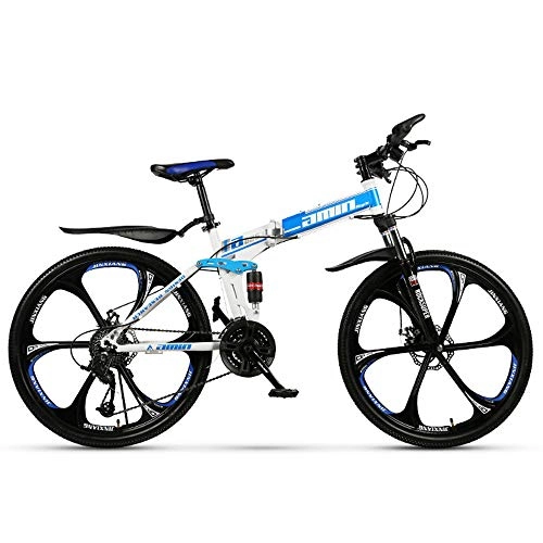 Bicicleta de montaña eléctrica plegables : Bicicleta MTB plegable Cambio de 21 velocidades Bicicleta de montaña plegable todoterreno Frenos de doble disco Plegable Ciclismo de viaje 26 pulgadas Neumtico de cinco cuchillas (blanco azul)