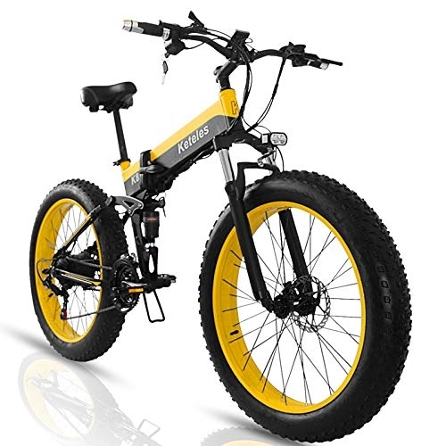 Bicicleta de montaña eléctrica plegables : Bicicletas Eléctricas Plegables E-Bike, 26" Bicicleta Electrica de Montaña para Adultos, Batería Extraíble de 48 V 15Ah, 4.0" Neumático Gordo, Shimano de 21 Velocidades (Amarillo)