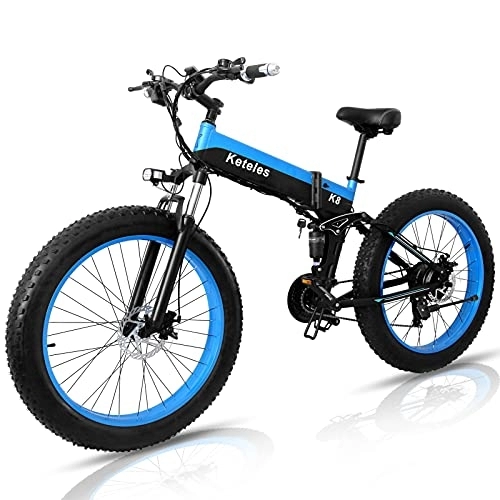 Bicicleta de montaña eléctrica plegables : Bicicletas Eléctricas Plegables E-Bike, 26" Bicicleta Electrica de Montaña para Adultos, Batería Extraíble de 48 V 15Ah, 4.0" Neumático Gordo, Shimano de 21 Velocidades (Azul)
