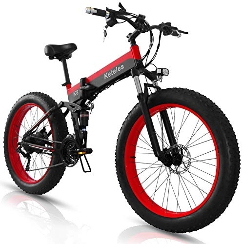 Bicicleta de montaña eléctrica plegables : Bicicletas Eléctricas Plegables E-Bike, 26" Bicicleta Electrica de Montaña para Adultos, Batería Extraíble de 48 V 15Ah, 4.0" Neumático Gordo, Shimano de 21 Velocidades (Rojo)