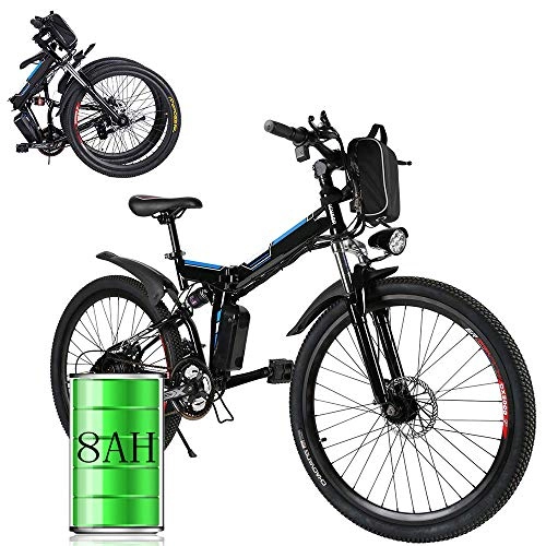 Bicicleta de montaña eléctrica plegables : Bunao Bicicleta eléctrica de montaña, 250W, Batería 36V E-Bike Sistema de Transmisión de 21 Velocidades con Linterna con Batería de Litio Desmontable (A_Negro, 26 Pulgadas)