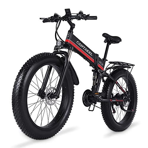 Bicicleta de montaña eléctrica plegables : CANTAKEL Bicicleta Eléctrica Plegable para Adultos, Bicicleta Eléctrica de 26 Pulgadas / Bicicleta Plegable con Batería de 48V 12, 8 Ah, Transmisión Profesional de 21 Velocidades (Rojo)