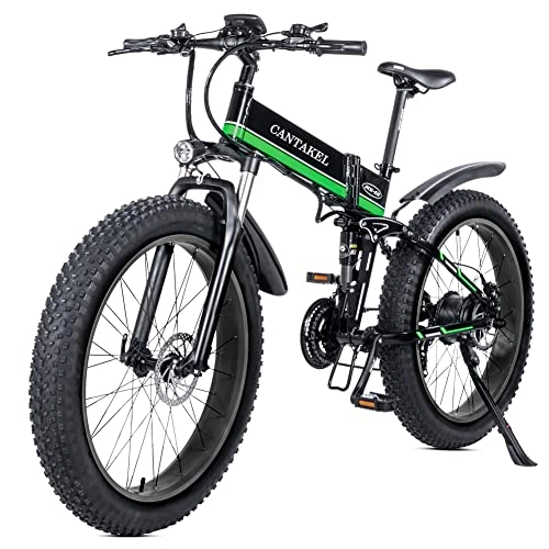 Bicicleta de montaña eléctrica plegables : CANTAKEL Bicicleta Eléctrica Plegable para Adultos, Bicicleta Eléctrica de 26 Pulgadas / Bicicleta Plegable con Batería de 48V 12, 8 Ah, Transmisión Profesional de 21 Velocidades (Verde)