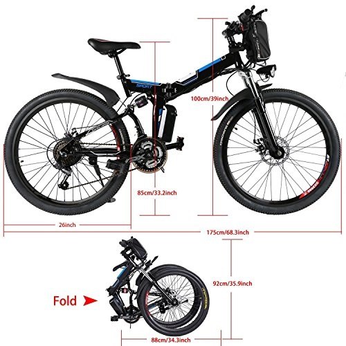 Bicicleta de montaña eléctrica plegables : cooshional Bicicleta Eléctrica Plegable de Montaña con la Batería de Iones de Litio 36V Ruedas de 26 Pulgadas Color Blanco (EU, Negro)
