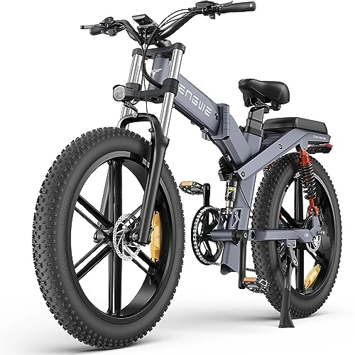 Bicicleta de montaña eléctrica plegables : ENGWE x24 / X26 Bicicleta Eléctrica Plegable con 24" / 26" x 4.0 Fat Tire Batería 48V 19.2AH / +10AH Kilometraje 100 / 150 km, 3 Suspensión Triple 8-Velocidades Ebike (Gris, X26 Single Batería 19.2AH)