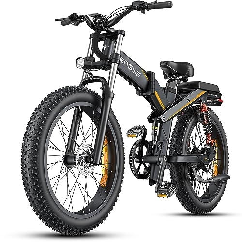 Bicicleta de montaña eléctrica plegables : ENGWE x24 / X26 Bicicleta Eléctrica Plegable con 24" / 26" x 4.0 Fat Tire Batería 48V 19.2AH / +10AH Kilometraje 100 / 150 km, 3 Suspensión Triple 8-Velocidades Ebike (Negro, X24 Dual Batería 19.2AH+10AH)