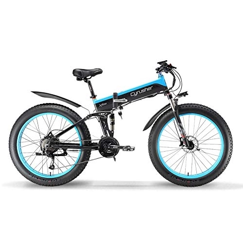 Bicicleta de montaña eléctrica plegables : Extrbici Bicicletas eléctricas para adultos plegables Big Tire 48V 12.8AH con faros LED (azul)