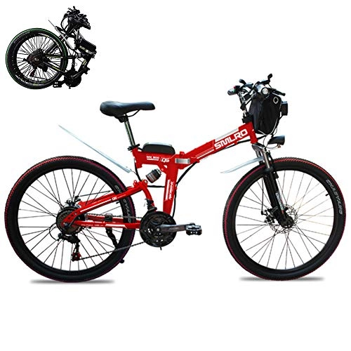 Bicicleta de montaña eléctrica plegables : GHH 26"Bicicleta elctrica de montaña, Plegable Bicicleta de Montaa Frenos de Engranaje de Disco 21 velocidades (48V 350W) Batera extrable de Iones de Litio, Rojo