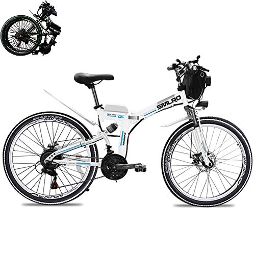 Bicicleta de montaña eléctrica plegables : GHH Bicicleta Eléctrica Plegable 26"Bicicleta de montaña, Frenos de Engranaje de 21 velocidades Rueda Bicicleta Híbrida para Hombre (48V 350W) Batería extraíble de Iones de Litio, Blanco