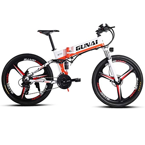 Bicicleta de montaña eléctrica plegables : GUNAI Bicicleta de montaña eléctrica de 350 W Motor de 48 V Ruedas Plegables de 26 Pulgadas Batería de Iones de Litio de Gran Capacidad Suspensión Delantera y Trasera