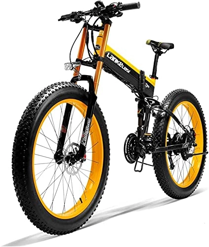 Bicicleta de montaña eléctrica plegables : Haowahah Lankeleisi bicicleta eléctrica completa bicicleta plegable bicicleta 26 pulgadas 4.0 neumático grande 750plus 48V 14.5ah 1000W actualización tenedor (amarillo, una batería)
