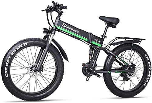 Bicicleta de montaña eléctrica plegables : Haowahah Shengmilo bicicleta eléctrica completa bicicleta plegable bicicleta 26 pulgadas 4.0 neumático grande MX01 48V 12.8ah 1000W actualización tenedor (verde, una batería)
