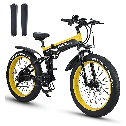 Bicicleta de montaña eléctrica plegables : HFRYPShop 26'' Bicicleta Electrica Montaña, Bicicleta Eléctrica Plegable 2 * 10.8Ah batería Litio 48V, con Neumático Gordo 26"* 4", Kilometraje de Recarga hasta 120km, E-MTB Full Suspension (Giallo)