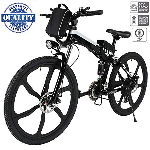 Bicicleta de montaña eléctrica plegables : Hiriyt 26" Bicicleta eléctrica de montaña, 250W, Batería 36V E-Bike Sistema de Transmisión de 21 Velocidades con Linterna con Batería de Litio Desmontable con Tres Modos de Trabajo (26" Black_1)