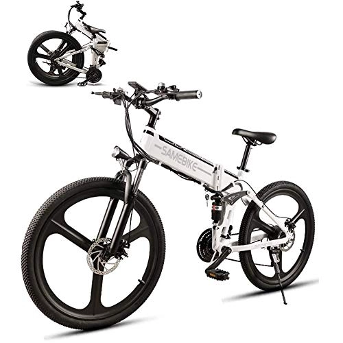 Bicicleta de montaña eléctrica plegables : HSART Bicicleta Elctrica de Montaa 26 '' para Adultos Ebike 350W con Batera Litio De 48V 10Ah, Brillante Faro LED y Bocina, 21 Engranaje Velocidad (Blanco)