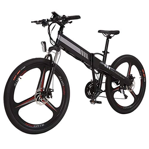 Bicicleta de montaña eléctrica plegables : HSTD Bicicleta elctrica - Bicicleta elctrica de montaña, Batera de Iones de Litio Extrable 48V / 10Ah, Motor 400W, Distancia hasta 70km, 27 velocidades Plegable Bicicleta Black