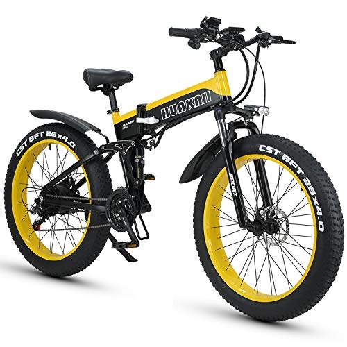 Bicicleta de montaña eléctrica plegables : HUAKAII Bicicleta Elctrica Plegable De 26", Bicicleta De Montaa Elctrica Fat Tire Ebike 1000w 48v 13ah (Amarillo)