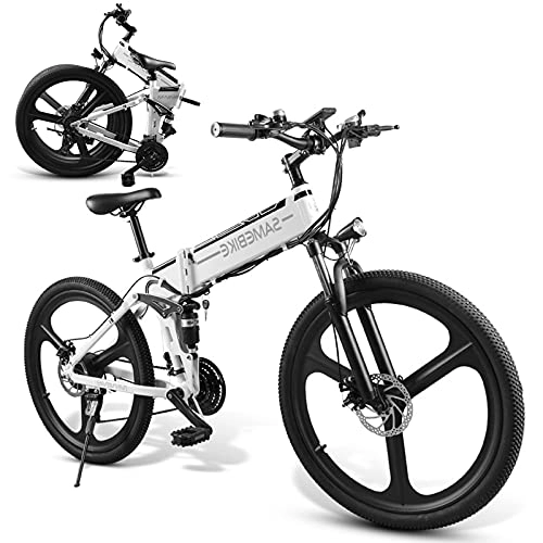 Bicicleta de montaña eléctrica plegables : JINGJIN Bicicleta electrica, Plegable Bicicleta de montaña Cuadro de Bicicleta de montaña de aleación de Aluminio de 26 Pulgadas, Bicicleta electrica montaña, 35Km / h 48V10Ah, White-B