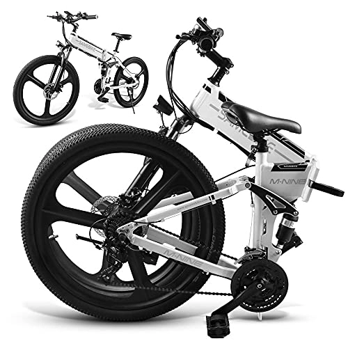 Bicicleta de montaña eléctrica plegables : JINGJIN Bicicleta Eléctrica Urbana, Bicicleta Eléctrica Plegable de 26 Pulgadas con batería de Litio 48V10AH, Contador Central LCD con USB, Carga útil150 kg, White-B