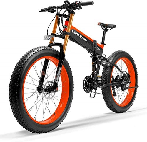 Bicicleta de montaña eléctrica plegables : JINHH 27 Velocidad 1000W Bicicleta eléctrica Plegable 26 * 4.0 Fat Bike 5 Pas Freno de Disco hidráulico 48V 10Ah Carga de batería de Litio extraíble (Rojo Mejorado, 1000W + 1 Ba de Repuesto