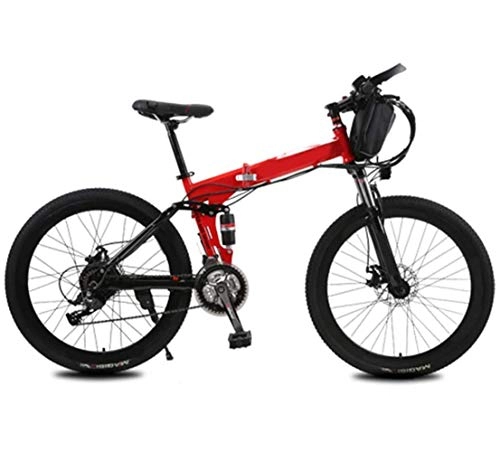 Bicicleta de montaña eléctrica plegables : JXH Bicicleta elctrica de montaña con una Bolsa, 250W 26 '' Bicicleta elctrica con extrable 36V 12 AH de Iones de Litio, 21 Velocidad Shifter, Rojo