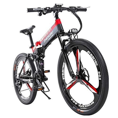 Bicicleta de montaña eléctrica plegables : L.HPT Bicicleta de montaña eléctrica Bicicleta Plegable para Hombre 26 Pulgadas 27 48V10Ah batería de Litio Bicicleta para Adultos Carga máxima 150 kg Resistencia 90 km Negro + Rojo