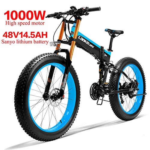 Bicicleta de montaña eléctrica plegables : LANKELEISI 750PLUS 48 V14.5AH 1000 W Motor Todo-Potente Bicicleta elctrica de 26 Pulgadas, 4, 0, neumticos Grandes de 27 velocidades, Nieve, Bicicleta elctrica Plegable para Adulto / Hombre (Azul)