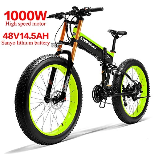 Bicicleta de montaña eléctrica plegables : LANKELEISI 750PLUS 48 V14.5AH 1000 W Motor Todo-Potente Bicicleta eléctrica de 26 Pulgadas, 4, 0, neumáticos Grandes de 27 velocidades, Nieve, Bicicleta eléctrica Plegable para Adulto / Hombre (Verde)