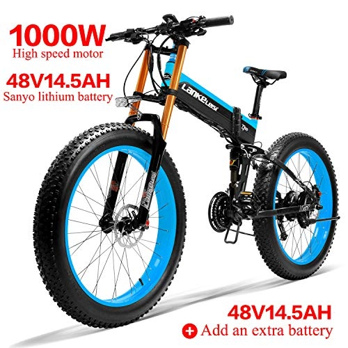 Bicicleta de montaña eléctrica plegables : LANKELEISI 750PLUS 48V14.5AH 1000W Motor Bicicleta eléctrica con Todas Las Funciones 26''4.0 Bicicleta de montaña de Nieve de 27 velocidades Plegable Bicicleta Adulta(Azul +1 batería Extra)