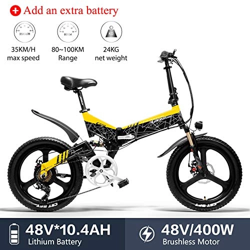 Bicicleta de montaña eléctrica plegables : LANKELEISI G650 - Bicicleta elctrica (20 x 2, 4 grande), para adulto, plegable, bicicleta elctrica de ciudad, 400 W, 48 V, LG, batera de litio Shimano, 7 velocidades, Jaune + 1 extra 10.4ah batterie
