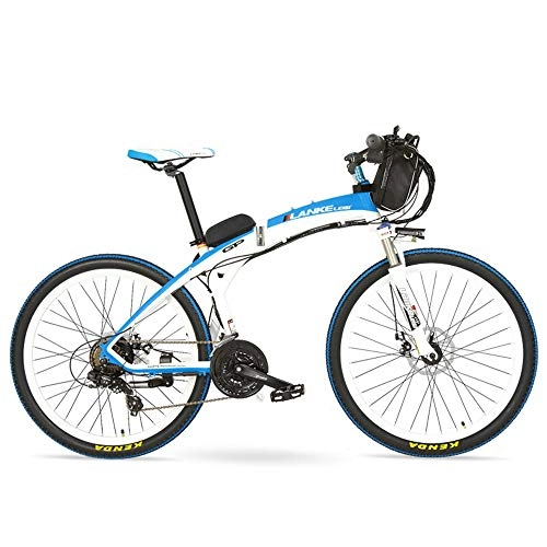 Bicicleta de montaña eléctrica plegables : LANKELEISI GP 26'' 400W Ebike Bicicleta de montaña de Plegado rápido, 48V Batería, Horquilla de suspensión, Freno de Disco Delantero y Trasero (White Blue, 12Ah)