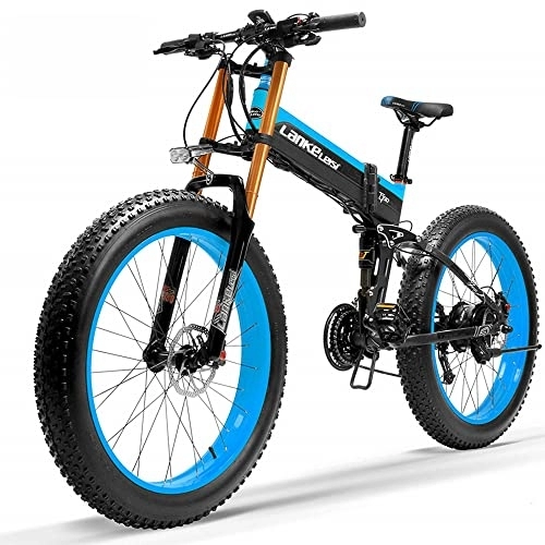 Bicicleta de montaña eléctrica plegables : LANKELEISI T750plus 26 Pulgadas Bicicleta de montaña eléctrica Plegable para la Nieve para Adultos, Bicicleta eléctrica de 27 velocidades con batería extraíble (Blue, 14.5Ah + 1 batería Repuesto)