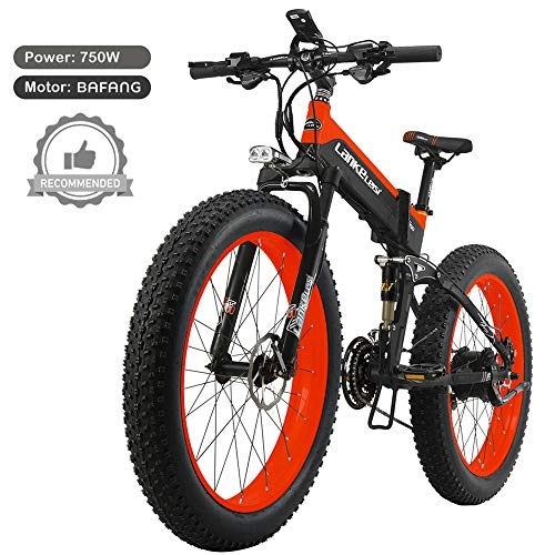 Bicicleta de montaña eléctrica plegables : LANKELEISI T750plus Bicicleta de Nieve eléctrica Plegable de 26'', Motor Bafang 750W, batería de Litio de 48V, Sistema operativo optimizado (Red A, 14.5Ah)