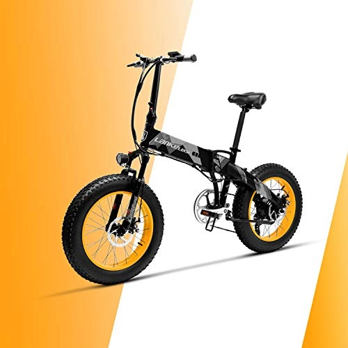 Bicicleta de montaña eléctrica plegables : LANKELEISI X2000 48V 500W 10.4AH 20 x 4.0 Pulgadas Neumático Gordo 7 velocidades con Shimano Palanca de Cambio Bicicleta eléctrica Plegable, para Mujer / Hombre Adulto (Amarillo)