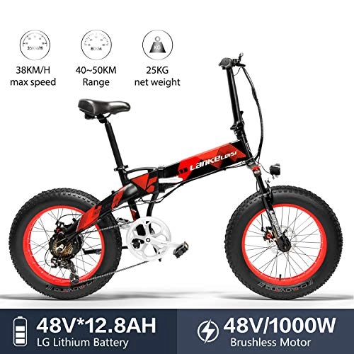 Bicicleta de montaña eléctrica plegables : LANKELEISI X2000 - Neumtico grande para bicicleta elctrica plegable de 7 velocidades, 48 V, 12 V, 1000 W, motor de aleacin de aluminio, cuadro 5 sin bicicleta de montaña