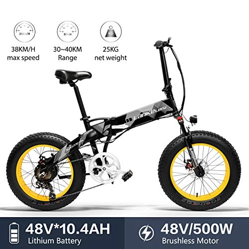 Bicicleta de montaña eléctrica plegables : Lankeleisi X2000 - Neumático grande de aleación de aluminio, 20 x 4, 0 pulgadas, 48 V, 500 W, 25, 4 Ah, para bicicleta eléctrica, plegable, para adulto, mujer / hombre, para montaña / playa / nieve, E-Bike (amarillo)