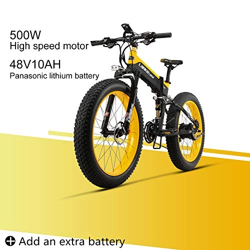 Bicicleta de montaña eléctrica plegables : LANKELEISI XT750 Plus 48V10AH 500W Motor Nueva Bicicleta eléctrica Potente 26 '' 4.0 Venta al por Mayor de Llantas Ebike 27 Speed Snow MTB Bicicleta eléctrica Plegable (Amarillo + 1 batería Extra)