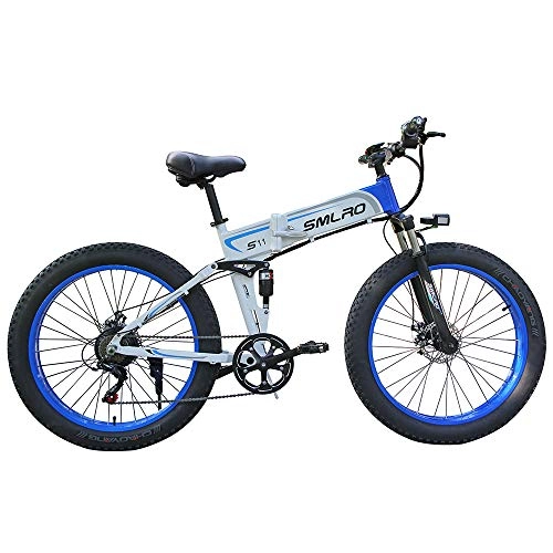 Bicicleta de montaña eléctrica plegables : LOSA Bicicleta Plegable eléctrica de montaña de la Bicicleta, el Interruptor de Control automático de 48V 10Ah 350W Motor / Rueda de 26 Pulgadas LCD Inteligente con una Sola tecla, White Blue