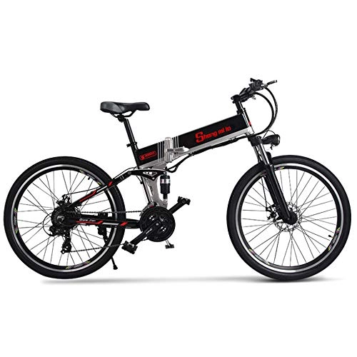 Bicicleta de montaña eléctrica plegables : LSXX Bicicleta de montaña eléctrica de Grasa, 26inches Plegable Fat Tire Bicicletas, transmisión Shimano de 21 velocidades, con 48V 12Ah Batería de Litio, Negro