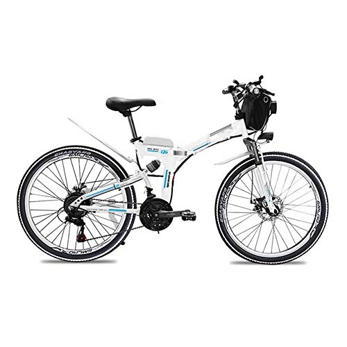 Bicicleta de montaña eléctrica plegables : MDZZ Bicicletas Plegables, Bicicleta de montaña eléctrica con 21 Speed ​​Gear y Tres Modos de Trabajo, Aleación de Aluminio de Bicicletas de Pedales para Adultos Adolescentes 24 '', Blanco, 48V15AH