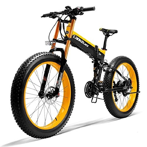 Bicicleta de montaña eléctrica plegables : Minkui 400W Bicicleta elctrica 10AH Panasonic batera de Litio 26x4.0 Pulgadas Fat Tire Bicicleta elctrica Bicicleta elctrica Plegable-Amarillo