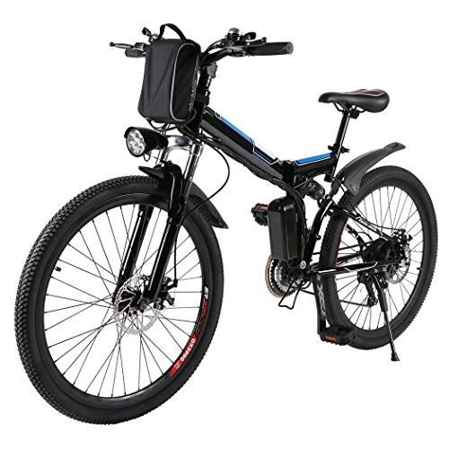Bicicleta de montaña eléctrica plegables : Profun Bicicleta Elctrica Plegable con Rueda de 26 Pulgadas, Batera de Iones de Litio de Gran Capacidad (36 V 250 W), Suspensin Completa Calidad y Engranaje Shimano (Negro+Azul)