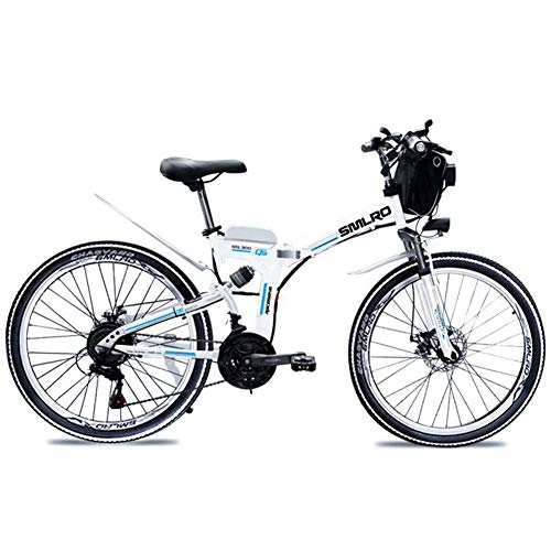 Bicicleta de montaña eléctrica plegables : QDWRF Bicicleta eléctrica de montaña 26", 500W, Batería 48V 15Ah Sistema de Transmisión de 21 Velocidades con LED Faro con Batería de Litio Desmontable White 48V8AH500W