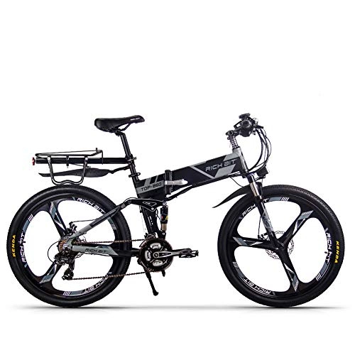 Bicicleta de montaña eléctrica plegables : RICH BIT Bicicleta eléctrica Plegable TOP-860 26 Pulgadas 36V 250W 12.8Ah Bicicleta de Ciudad de suspensión Completa Bicicleta de montaña Plegable eléctrica (Gris Negro)