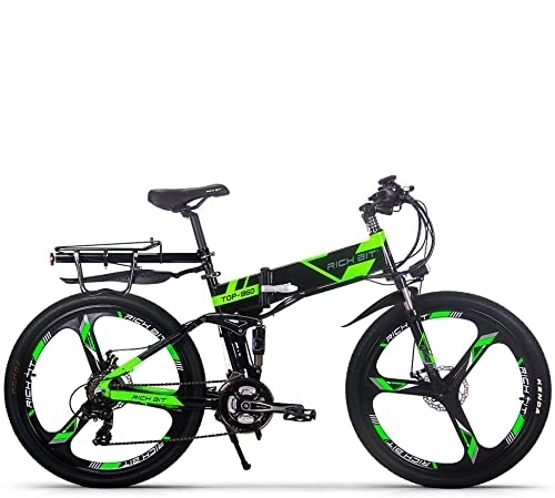 Bicicleta de montaña eléctrica plegables : Rich BIT TOP-860 36V 12.8Ah Suspensión Completa Bicicleta de Ciudad Plegable Bicicleta de montaña eléctrica Plegable (Black-Green)