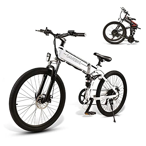 Bicicleta de montaña eléctrica plegables : SAMEBIKE Bicicleta eléctrica de montaña de 26 pulgadas con neumático plegable, 48 V, 500 W, para adultos (blanco)