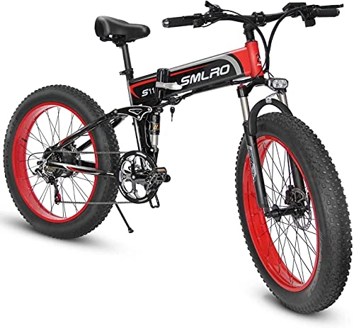 Bicicleta de montaña eléctrica plegables : SAWOO Bicicleta Eléctrica 1000w Mountain Fat Tire 26"4.0 Pulgadas Batería Plegable 14.5ah E Bike Ciclomotor Snow MTB para Adultos 7 Velocidades (Rojo)