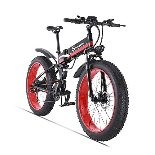 Bicicleta de montaña eléctrica plegables : Shengmilo 26 Pulgadas Bicicleta elctrica 1000W Beach Bike 4.0 Fat Tire E-Bike 48V Mens Mountain Bike Snow Bike Doble suspensin (Red, Plus 1 Extra 14.5Ah)