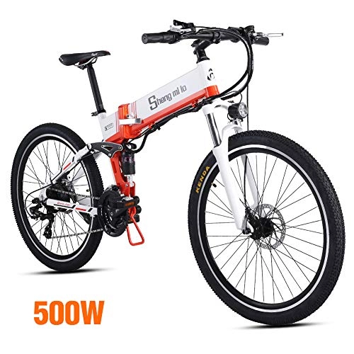 Bicicleta de montaña eléctrica plegables : Shengmilo 500W Bicicleta Eléctrica Plegable Shimano 21 Speed Freno XOD Bicicleta De Montaña E De 26 Pulgadas Batería De Litio De 13ah Incluida (Blanco)